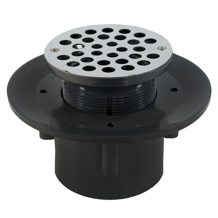 Jones Stephens 3in. x 4in. Heavy Duty PVC Slab Drain Base with 3in. Plastic Spud and 6in. Stainless Steel Strainer D49401